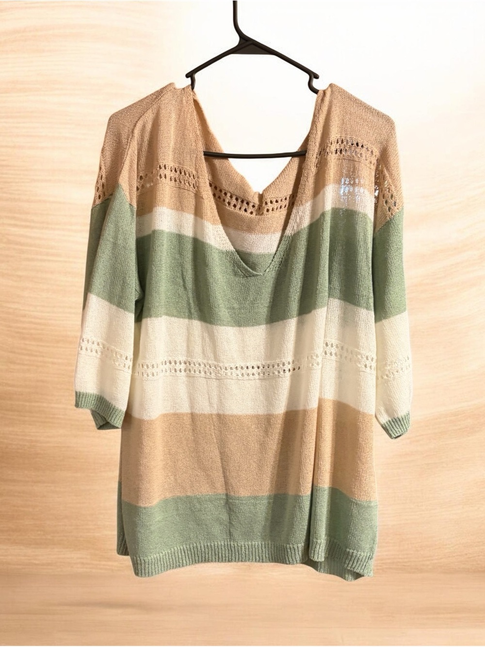 Striped V-Neck Lightweight Sweater - Green, Cream & Tan